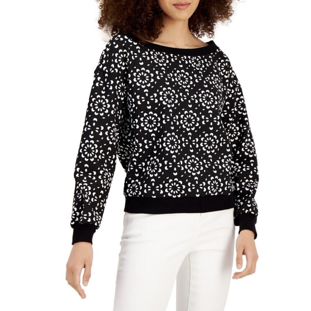 New Inc International Concepts Abstract-Print Sweater Black Size Small